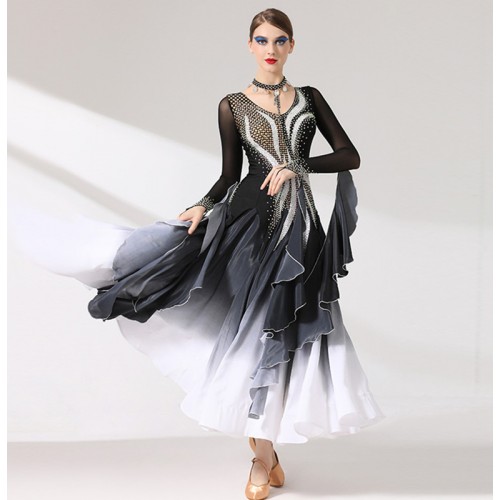 Custom size Black with white gradient colored ballroom dancing dress for women girls professional stage performance waltz tango long dress for lady